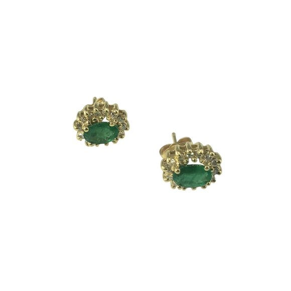 14 Karat Yellow Gold Emerald Diamond Halo Stud Earrings #19463 - Picture 4 of 9